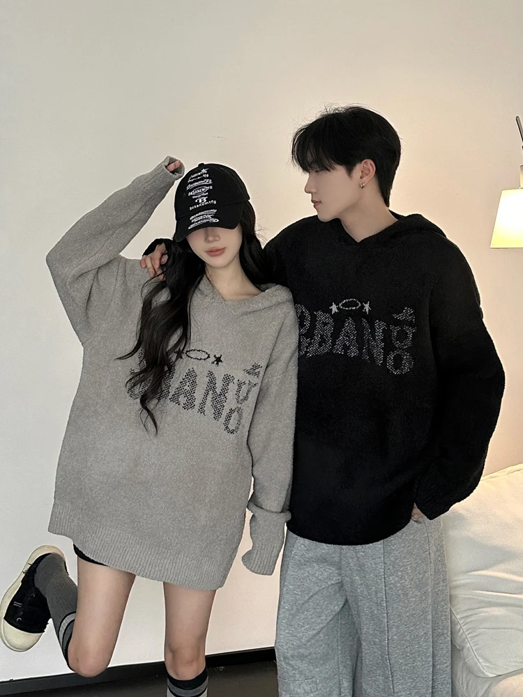 

American Vintage Letter Knitted Sweater Coat Couple's High Street Trend Loose Fit Hooded Overhead Knittedwear Casual Style