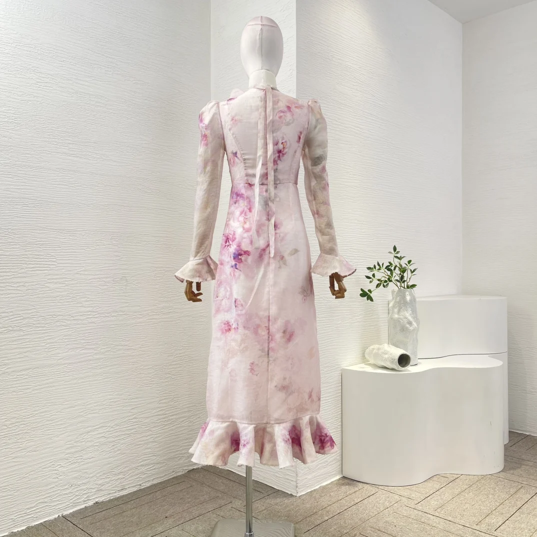 Linen Silk 2025 Pink Floral Print Long Sleeve Flowers Appliqued Midi Dress for Women