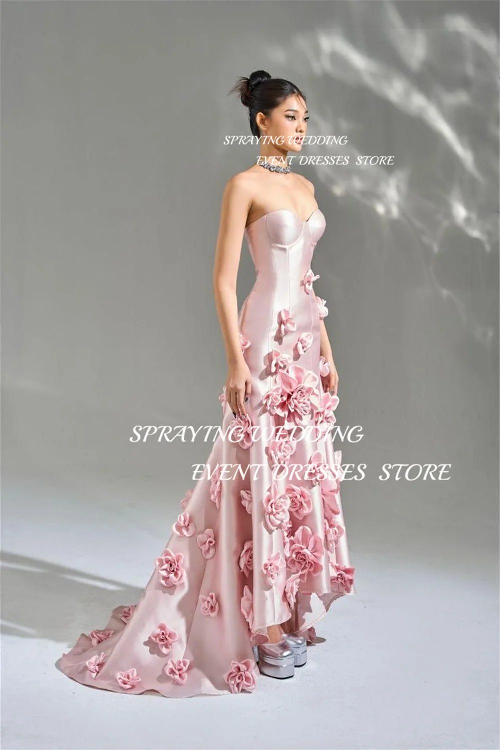 SPRAYING pink Exquisite Satin Sweetheart Sleeveless Party Dress handmade flower Long Evening Dress Floor-Length Formal Dress