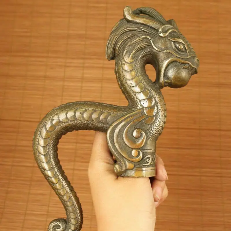 Chinese Old Bronze Hand Carved Crutch Head Dragon Statue Figure Walking Sti Head Dragon Head