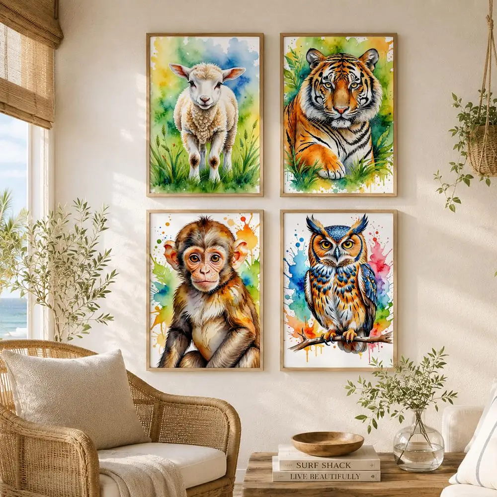 Watercolor Animal Art Painting Calligraphy High-Quality Canvas Wall Mural Crease-Free for Living Room Bedroom Interiors