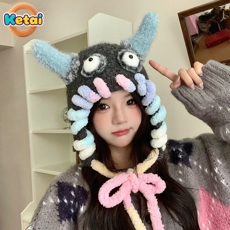 Women Winter Plush Lei Feng Hat Outdoor Warmth Ear Protection Trapper Hat Cartoon Abstract Design Cold Weather Warm Hat