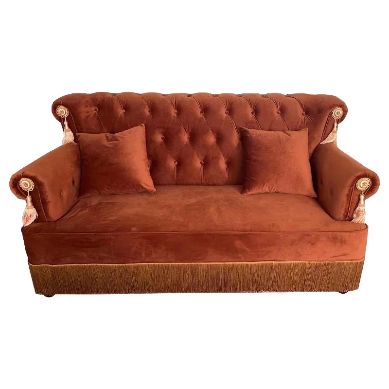 

French retro velvet fabric American medieval pull-up sofa B & B caramel tassel three-person sofa