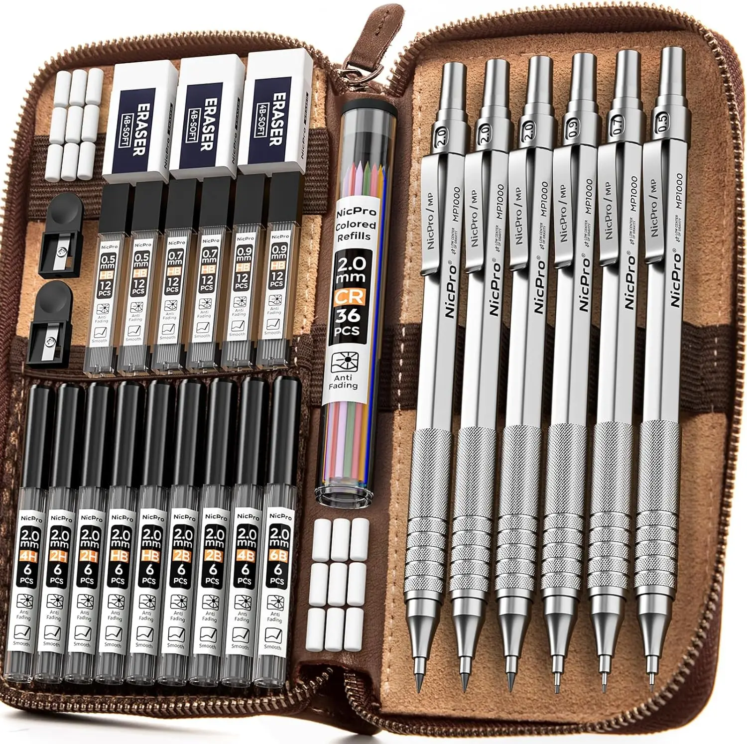 30PCS Metal Mechanical Pencils Set in Leather Case with Lead Refills for Art Sketching Drawing