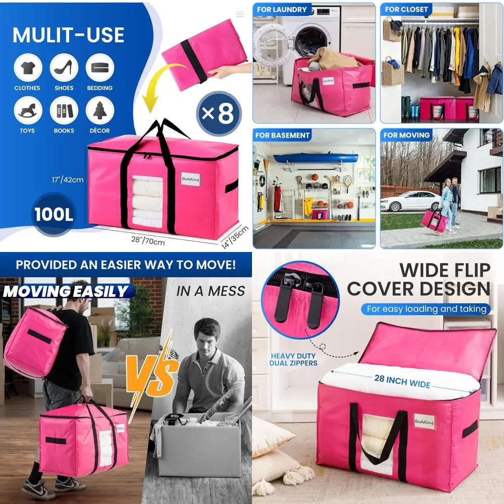 

Extra Large Pink Moving Bags, Heavy-Duty with Clear Window and Easy Handles, Space-Saving Storage Alternative