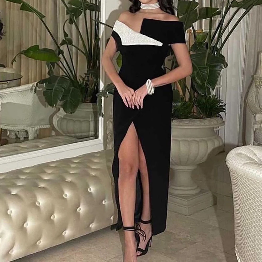 

Customized Modern Front Slit Crystal Pleats Off the Shoulder Evening Dresses Graceful Straight Jersey Short Sleeves Party Gowns