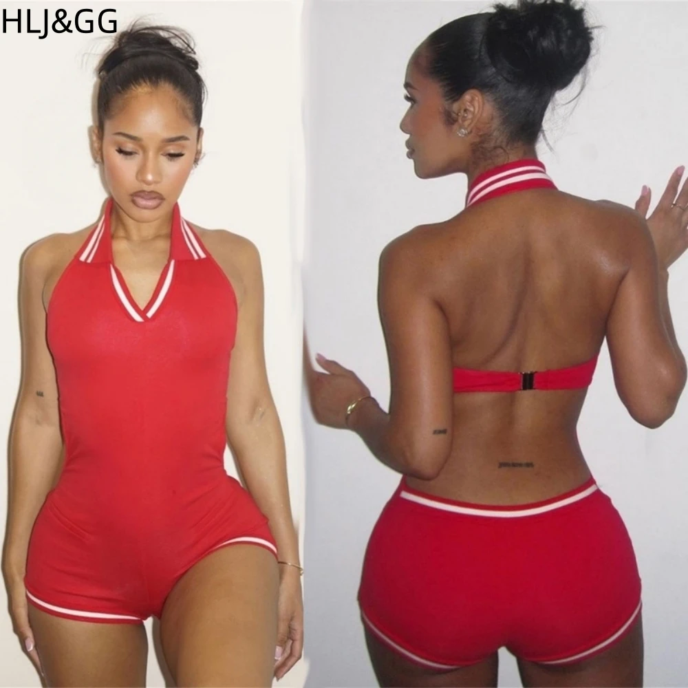 HLJ&GG Summer New Stripe Halter Lapel One Piece Rompers Women Sleeveless Backless Bodycon Jumpsuits Sexy Stretchy Overalls 2025 - Image 3
