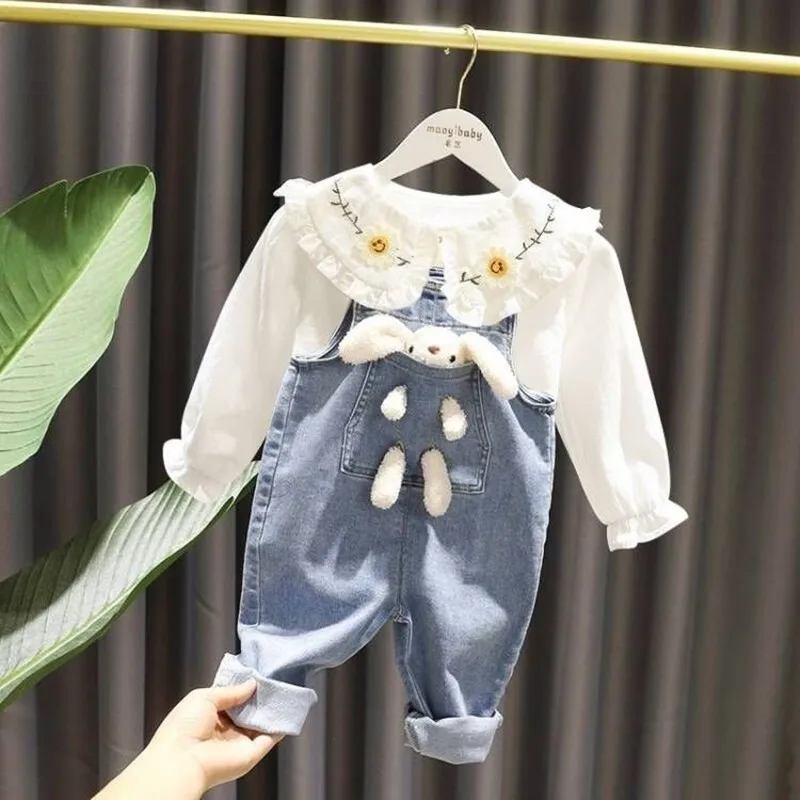 Baby Meisjes Denim Bretels Pak 2024 Lente Nieuwe Kinder Jeans Set Kleine Meisjes Wit Katoenen Shirt Tweedelige Set