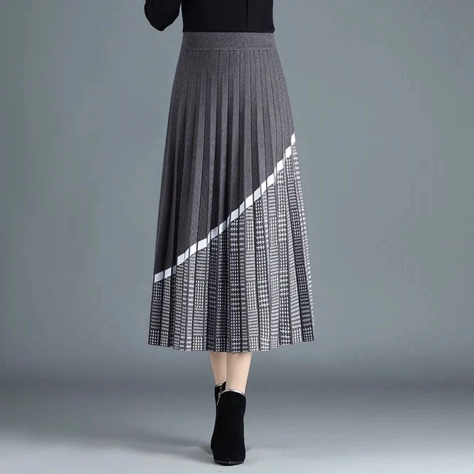 

New Knitted Women's Skirt Thickened Retro A-line Skirt In Autumn Winter Long Pleated Skirt National Style Gray