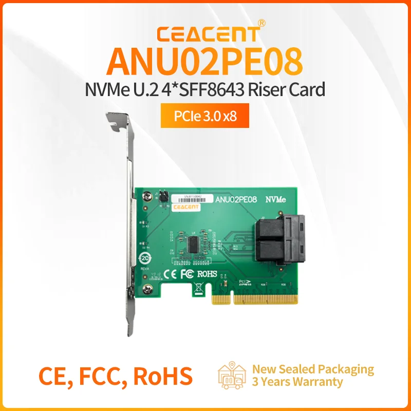 

CEACENT ANU02PE08 PCIe 3.0 x8 2*SFF8643 interfaces NVMe Adapter, Up to support 2 U.2 NVMe SSD