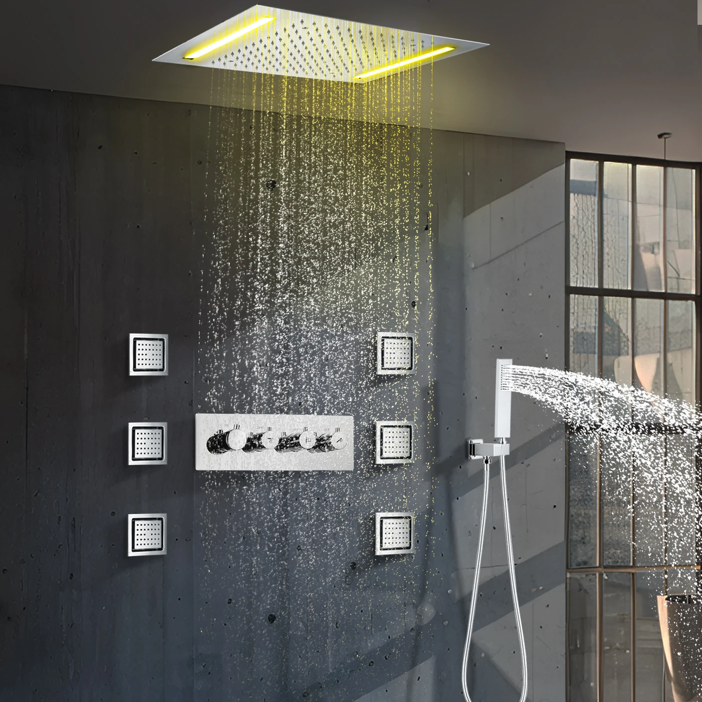 Chrome -plated 50x36cm ceiling installation LED square heating valve rainfall shower water faucet system