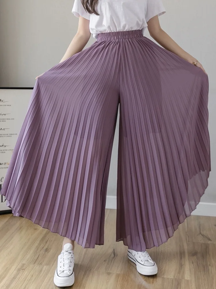 Falda plón de gasa pada hoada informal de pierna ancha con cintura alta y estilo coreano para mujer de verano