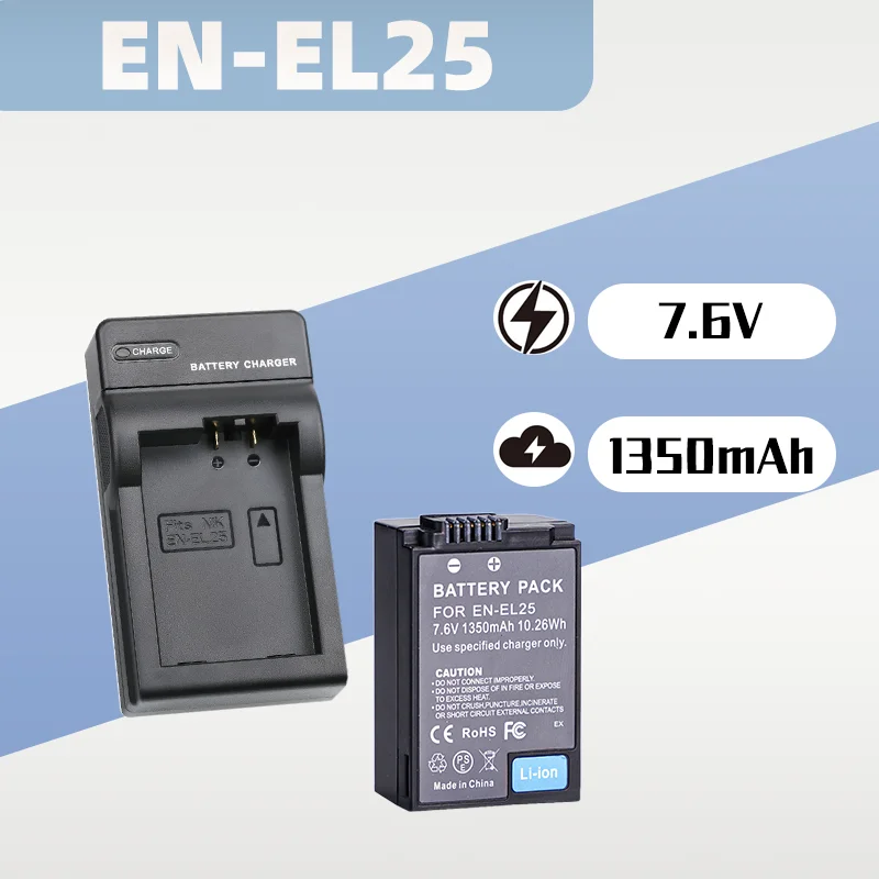

EN-EL25 EN-EL25a ENEL25 Battery & Charger Set 7.6V 1350mAh (Decoded) for Nikon Z50 Z30 ZFC Mirrorless Digital Camera