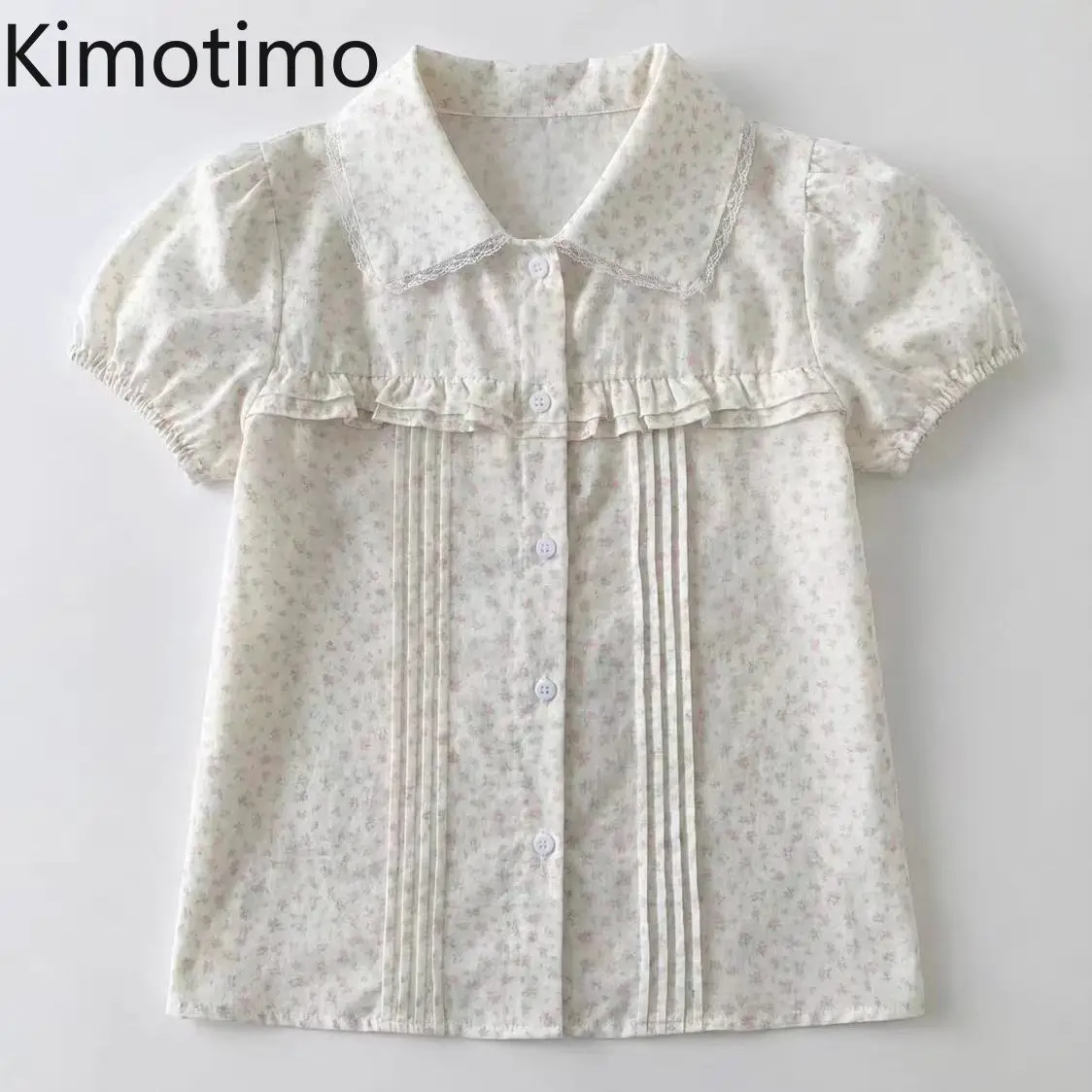 Kimotimo Japanese Sweet Floral Short Sleeve Shirt Women 2026 Summer Peter Pan Collar Spliced Ruffle Button Blouse Vintage Tops
