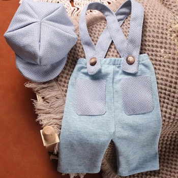 Ylsteed Little Gentleman Photography Outfits Newborn Boy Plaid Pocket Suspender Trousers with Casquette Infant Shooting Jumpsuit 4