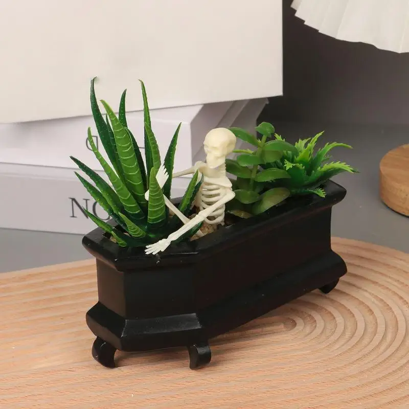 

Skull Fake Planter Small Fake Succulents Plants Skeleton In The Coffin Desktop Props For Home Table Bedroom Small Flower Pot