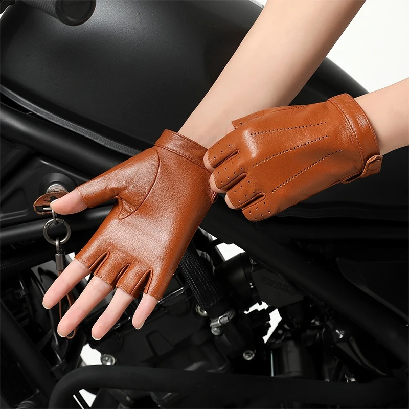 New Women's Sheepskin Half Finger Gloves Leather Single Layer Unlined Thin Hollow Fitness Driver Motorcycle Leather Gloves