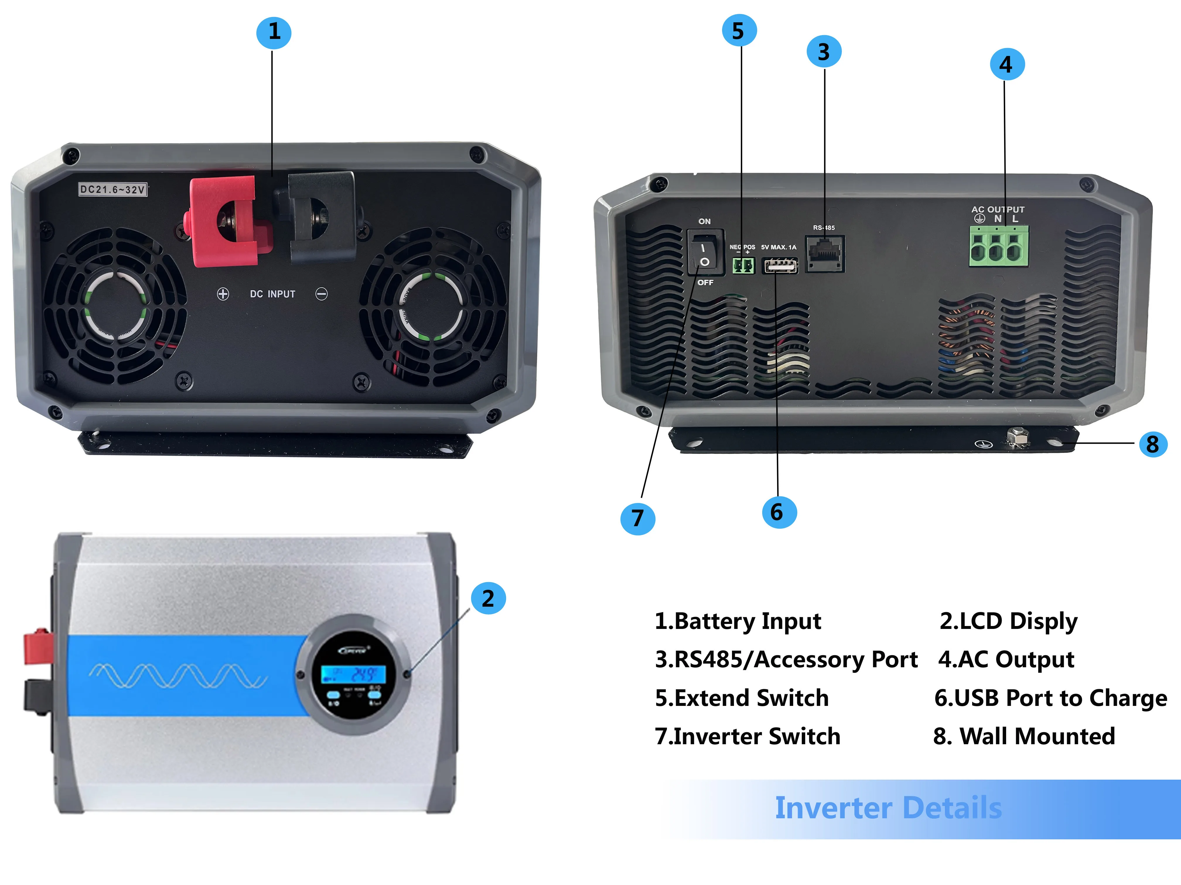 EPEVER Pure Sine Wave Inverter DC 12V 24V 48V to AC 220V 230V 240V IPower IP-Plus series with LCD display1500W 2000W 3000W