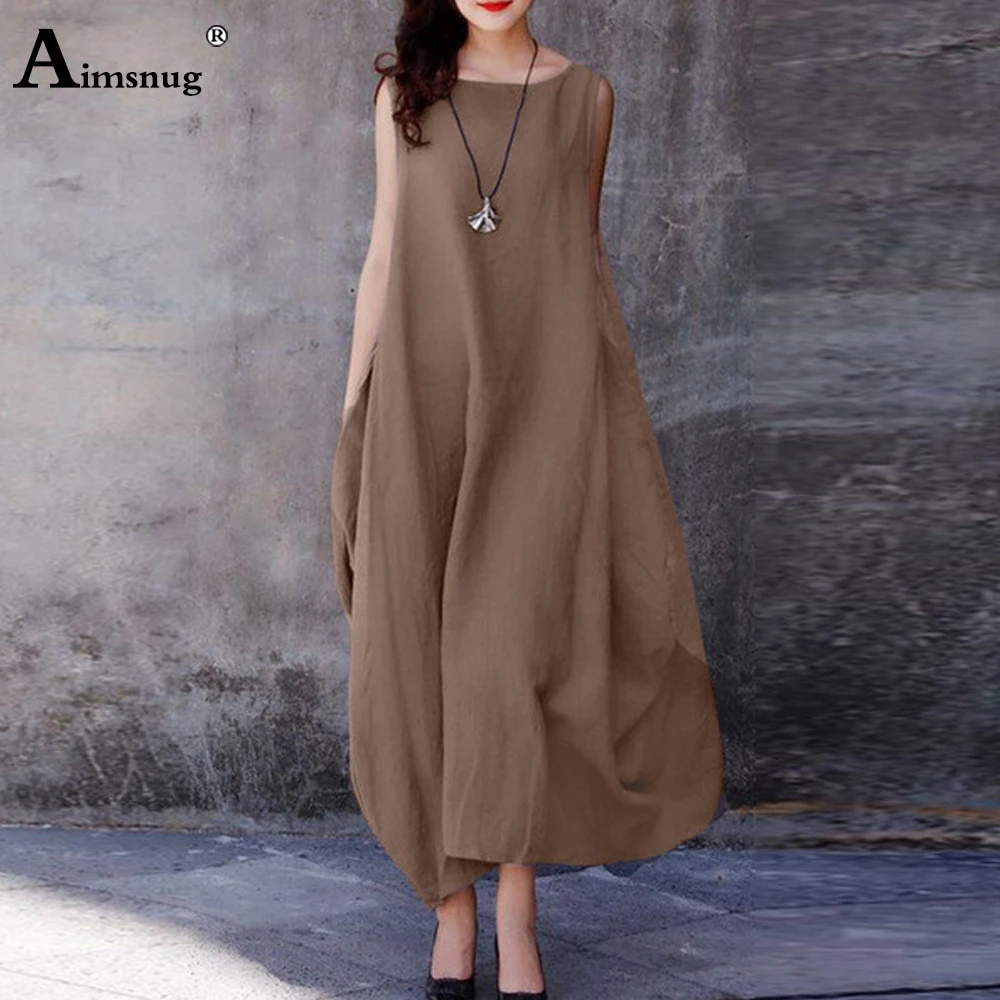 Women Casual Sleeveless Maxi Dress Loose Style Robe Womens High Cut Linen Party Dresses Female Long A-line Dress Clothing 2023