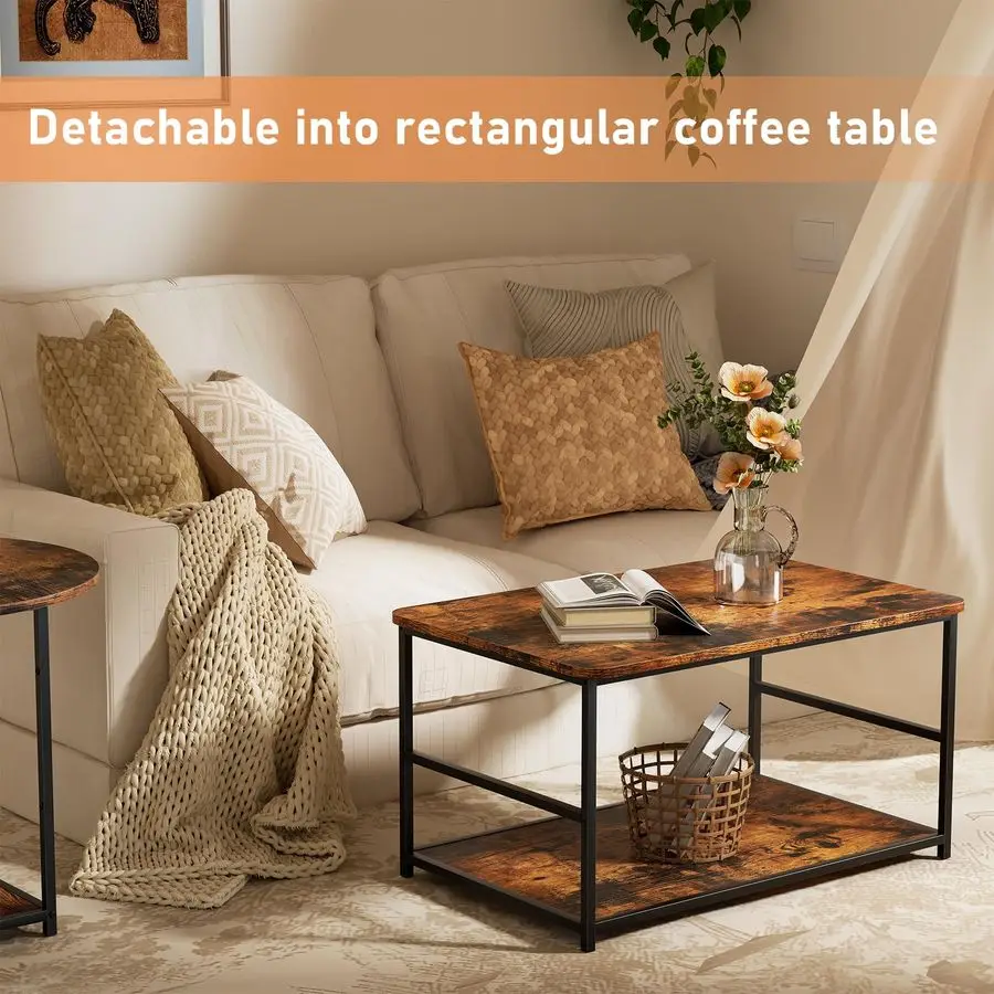 Coffee Table, Mid Century Modern Coffee Table for Living Room Rustic Farmhouse Center Table 2 in 1 Detachable Nesting Table Set,