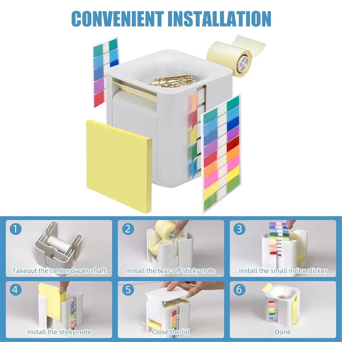 AA98 5-in-1 Cube Sticky Note Holder Multifunction Sticky Note Dispenser with Up Sticky Notes, Sticky Tabs, Sticky Rolls A