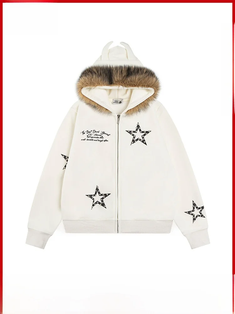 GPstudio American Retro Star Deer Horn Fur Collar Hooded Cardigan Women's Autumn Winter Design Sense Jaet Fce Lined Long...