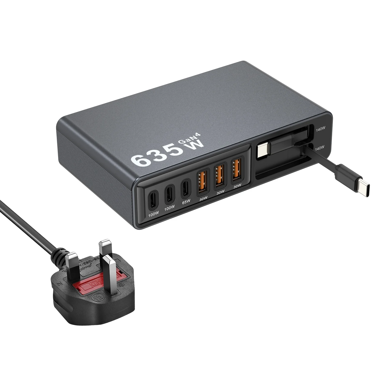 Neue 635W GaN4 Multi-Port-Ladestation, Hochleistungs-USB-C-Desktop-Ladegerät mit integrierten Kabeln für Handys und Gaming-Geräte – Detail 9