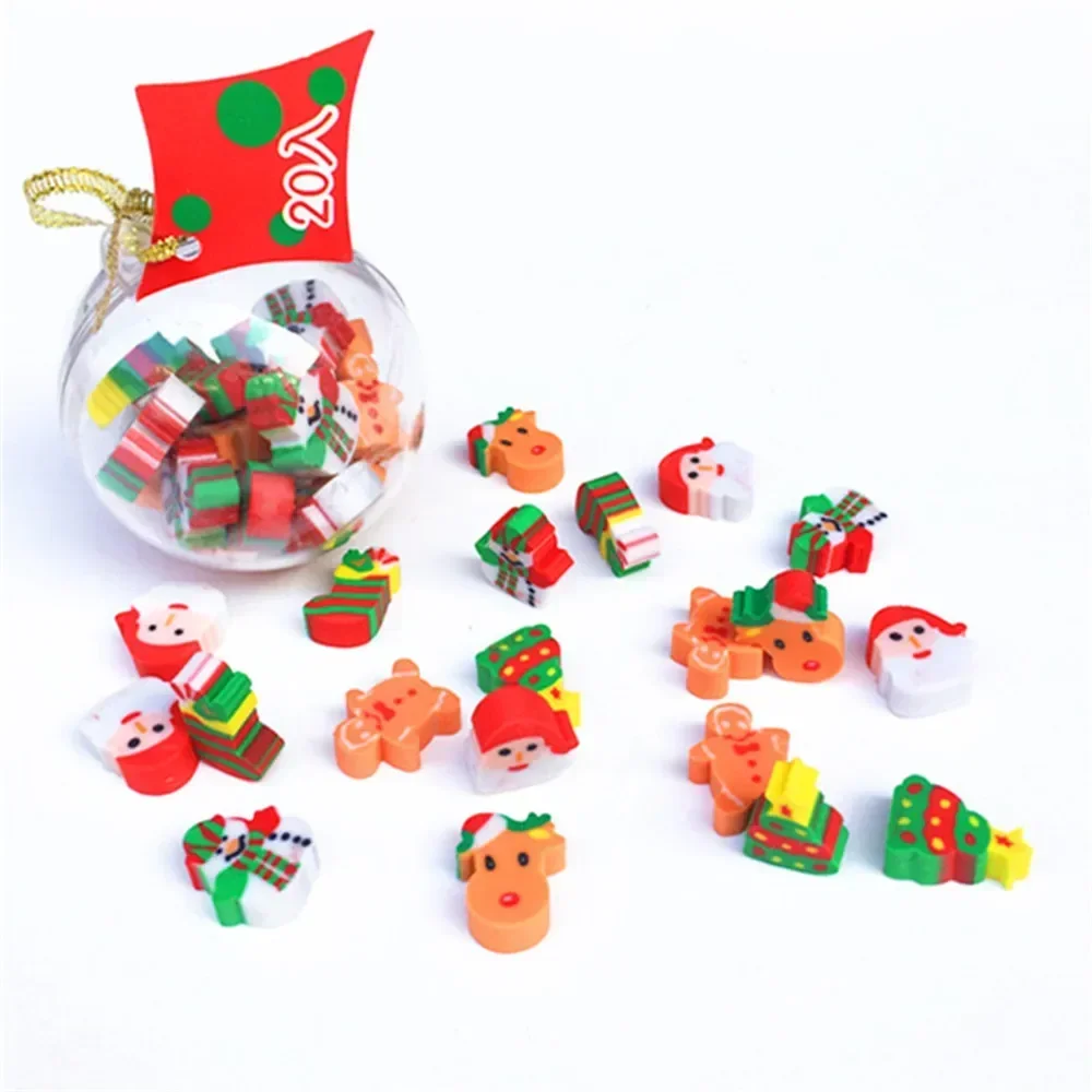 NEW 20pcs/box Cartoon Erasers Snowman Santa Elk Christmas Ball Rubber Eraser Kids Gift Students Stationery New Year Party Favors