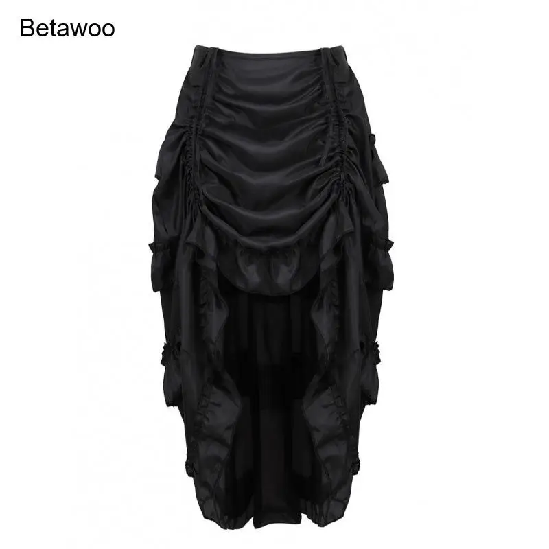 Women Black Gothic High Low Skirt Ruched Ruffled Asymmetrical Steampunk Victorian Midi Skirt