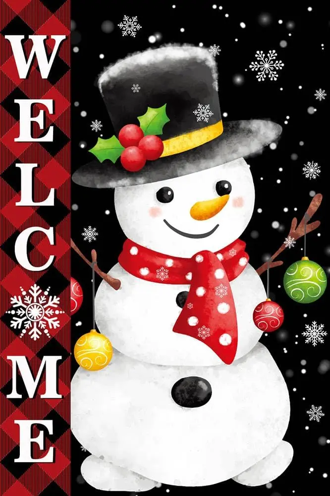 Mocsicka Winter Snowman Welcome Garden Flag 12x18 Inch Buffalo Plaid Xmas Yard Flag Vertical Double Sided Winter Holiday Xmas Fa