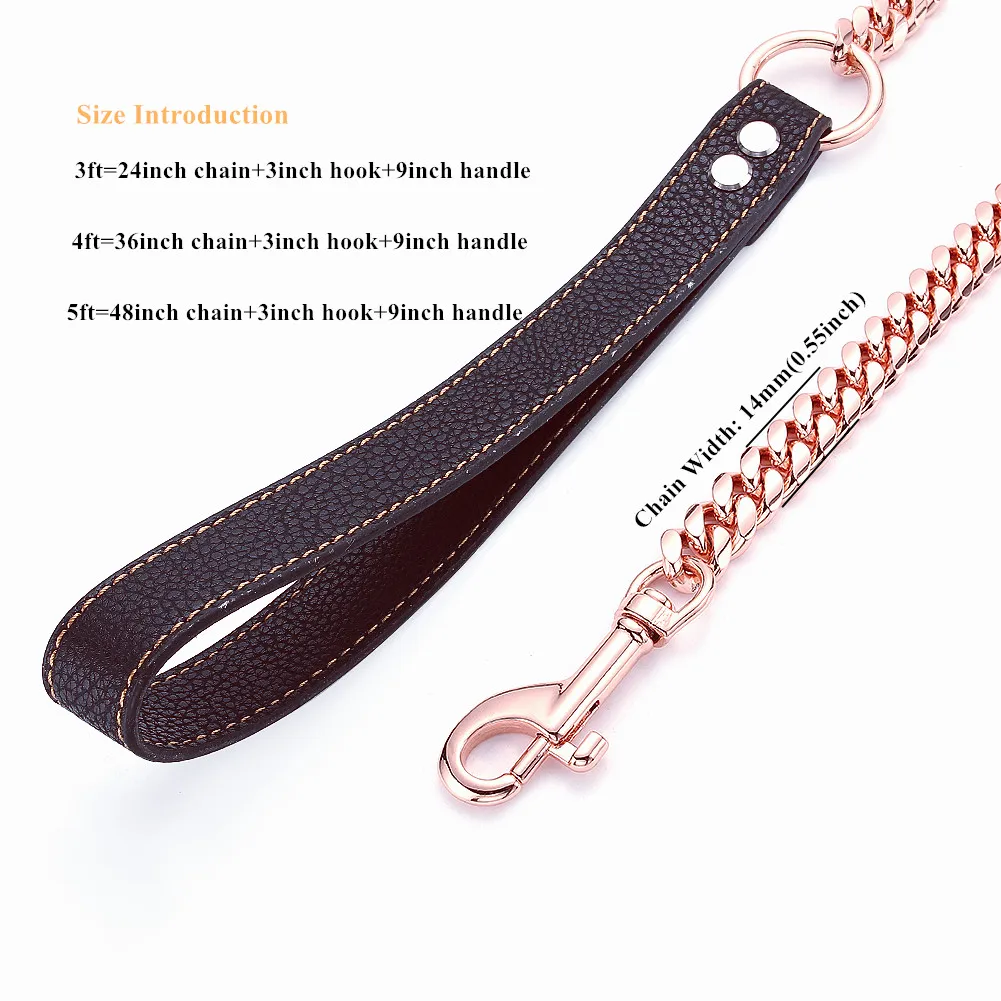 3ft/4ft/5ft 10mm 14mm Rose Gold Tone 316L Stainless Steel Curb Cuban Link Chain Dog Leash Pet Chain for Dogs