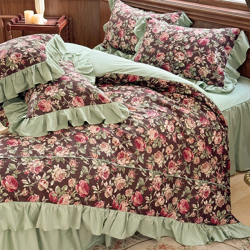 100% Cotton Korean Princess Style Ruffles Rose Flowers Print Bedding Set Quilt Cover Set Bedskirt Bedspread With Pillowcase 4Pcs