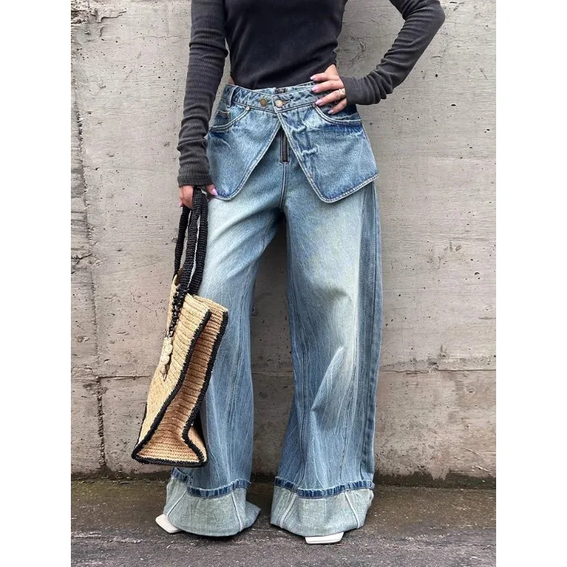 

Джинсы больших размеров в стиле ретро с высокой талией и двойной талией с манжетами, женские брюки длиной до пола из двух частей для пикантных девушек