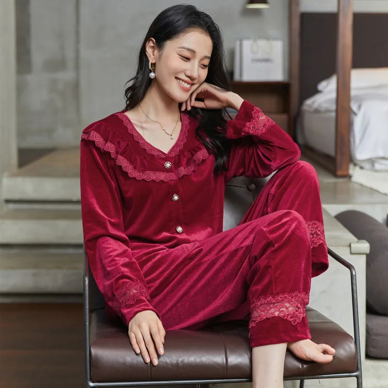 Sexy Women Velour 2PC Top Pants Pajamas Sets Sleepwear Winter Lady Home Wear Nightgown Suit Robe Bath Gown Sleepshirts