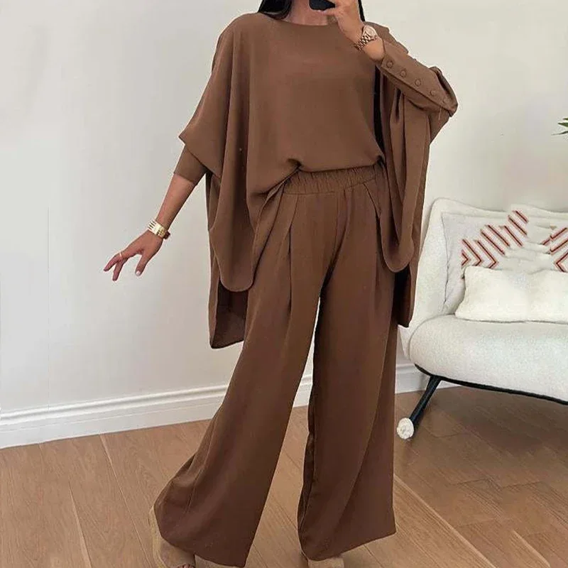 2024 Vintage O-Neck Bolman Sleeve Blouse Tops&Wide Leg Pants Set New Ladies Spring Solid Color Unique Button Design Loose Suit