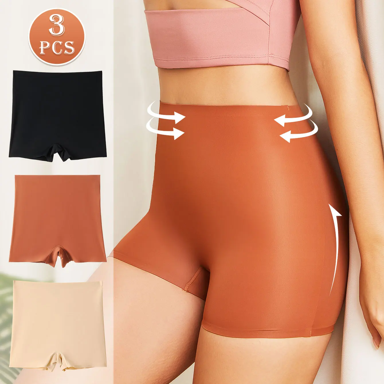 Flarixa 3PCS Slip Safety Shorts High Waist Protective Pants Women Ice Silk Boyshorts Solid Boxers Anti Chafing Under Dresses