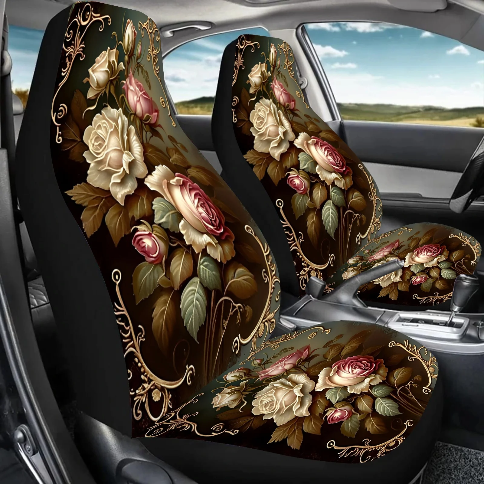 قطعتان من أغطية مقاعد السيارة المطبوعة بالفن الوردي للنساء والرجال، واقي المقاعد الأمامية للسيارات العالمية يناسب السيارات وسيارات الدفع الرباعي وسيارات السيدان والشاحنات، #2