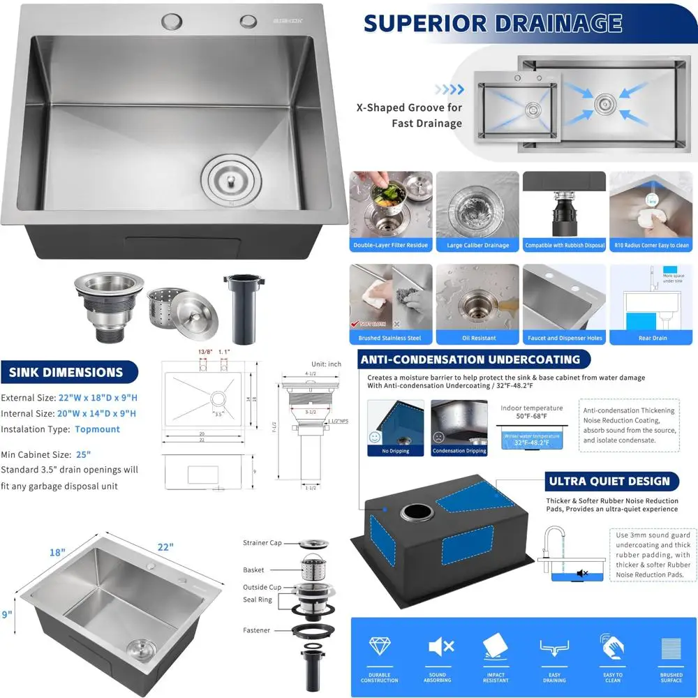 

Stainless Steel 22x18 Topmount Single Bowl Kitchen Sink for Home Bar, Outdoor, and RV Use with Brushed Finish