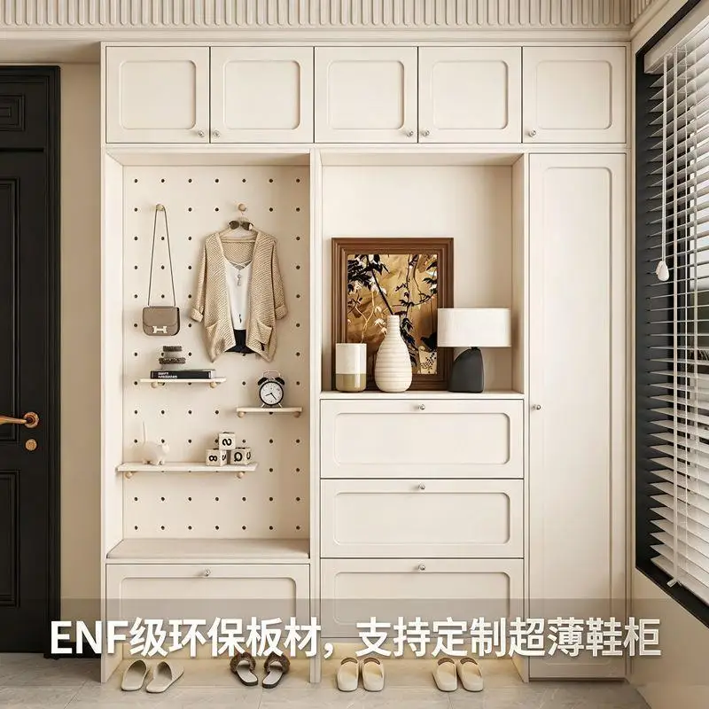 Ultra-thin shoe cabinet, storage cabinet integrated against the wall, household cream wind locker with hole board, entrance