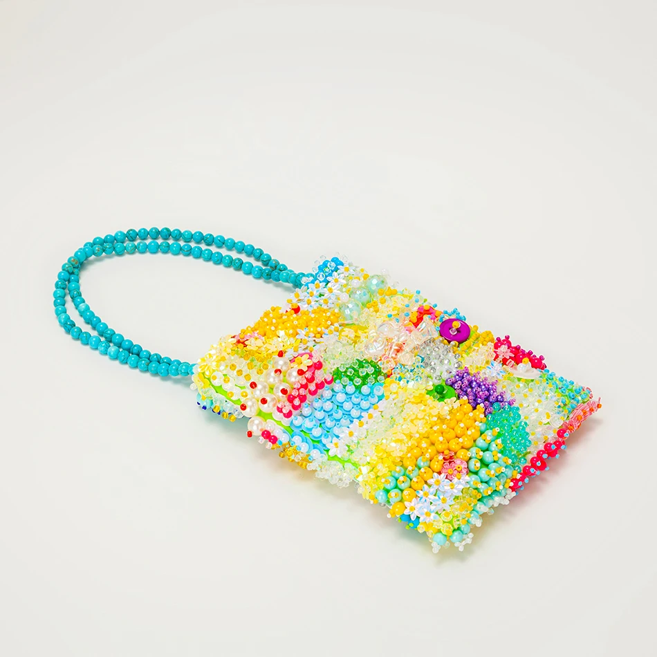 Kawaii Color Flower Beads Beach Handbag Women 2022 Summer New Luxury Designer Handmade Beaded Purse Girls Shoulder Bag Holiday