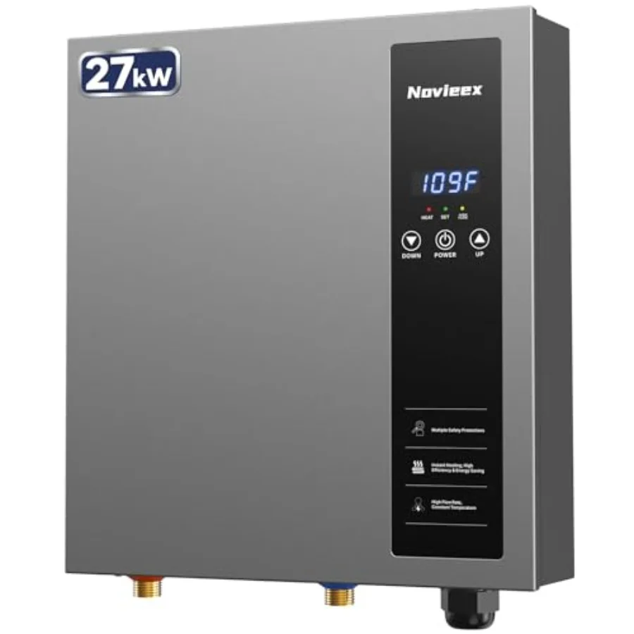 Whole house electric tankless water heater for indoor installation, stainless steel body, matte black finish, 27kW power with 7