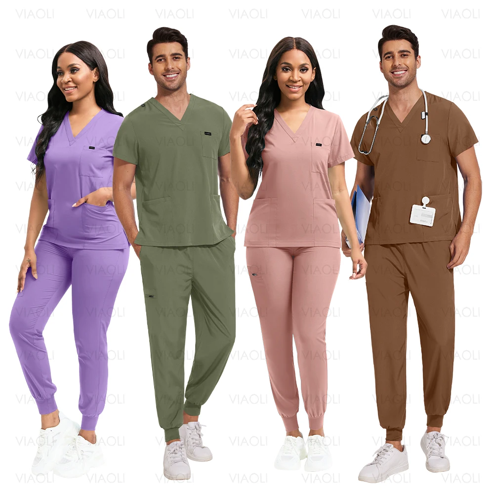 Conjunto de roupas cirúrgicas multicoloridas para enfermeira, roupas clínicas médicas, uniformes de enfermagem, manga curta, decote em v, tops, calças de bolso