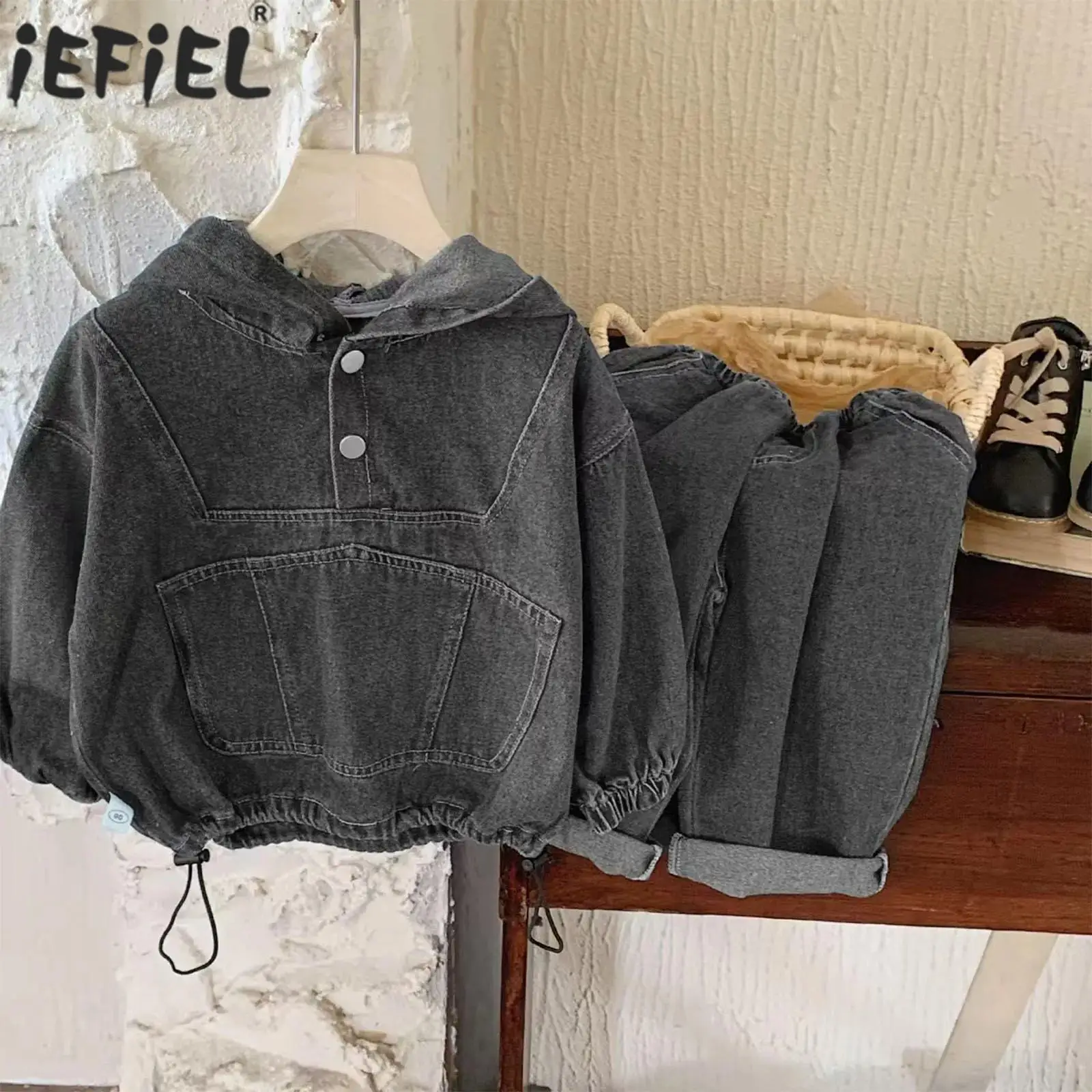 

Children Boys Girls Fashion Casual Denim Outfit Spring Autumn Long Sleeve Hooded Coat Tops with Jeans for Daily Birthday Party