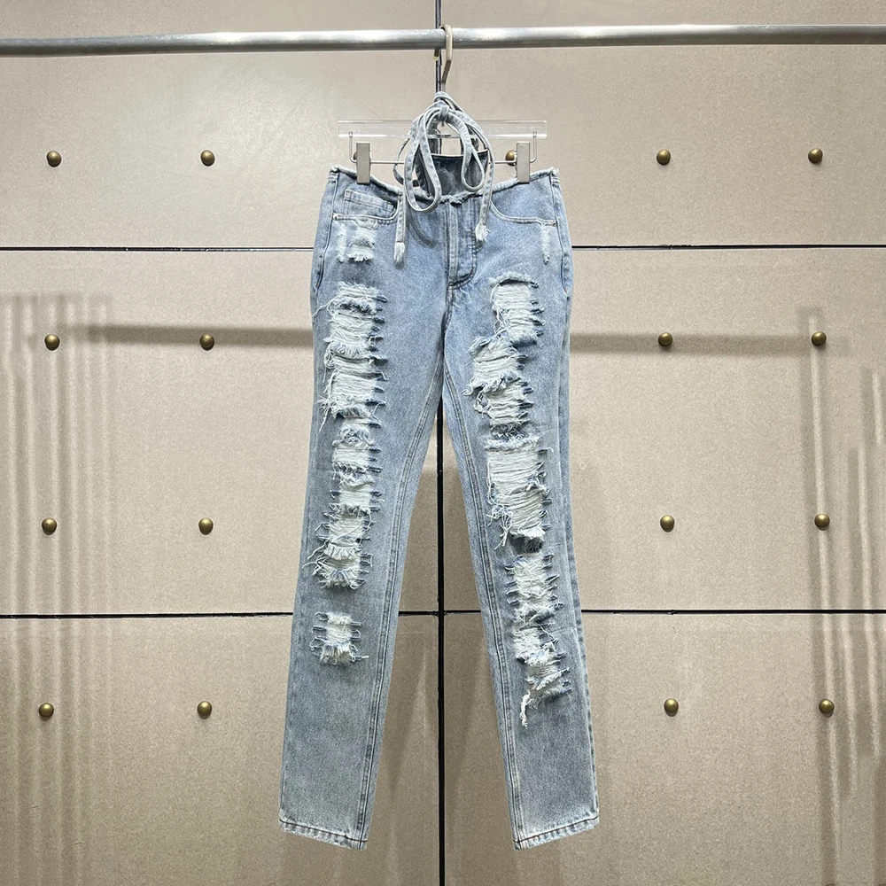 

Cotton Women's Jeans Y2k Vintage Washed Hole Breaking Trousers Hollow Hot Diamond Decoration Straight Pants 2025 Fall New