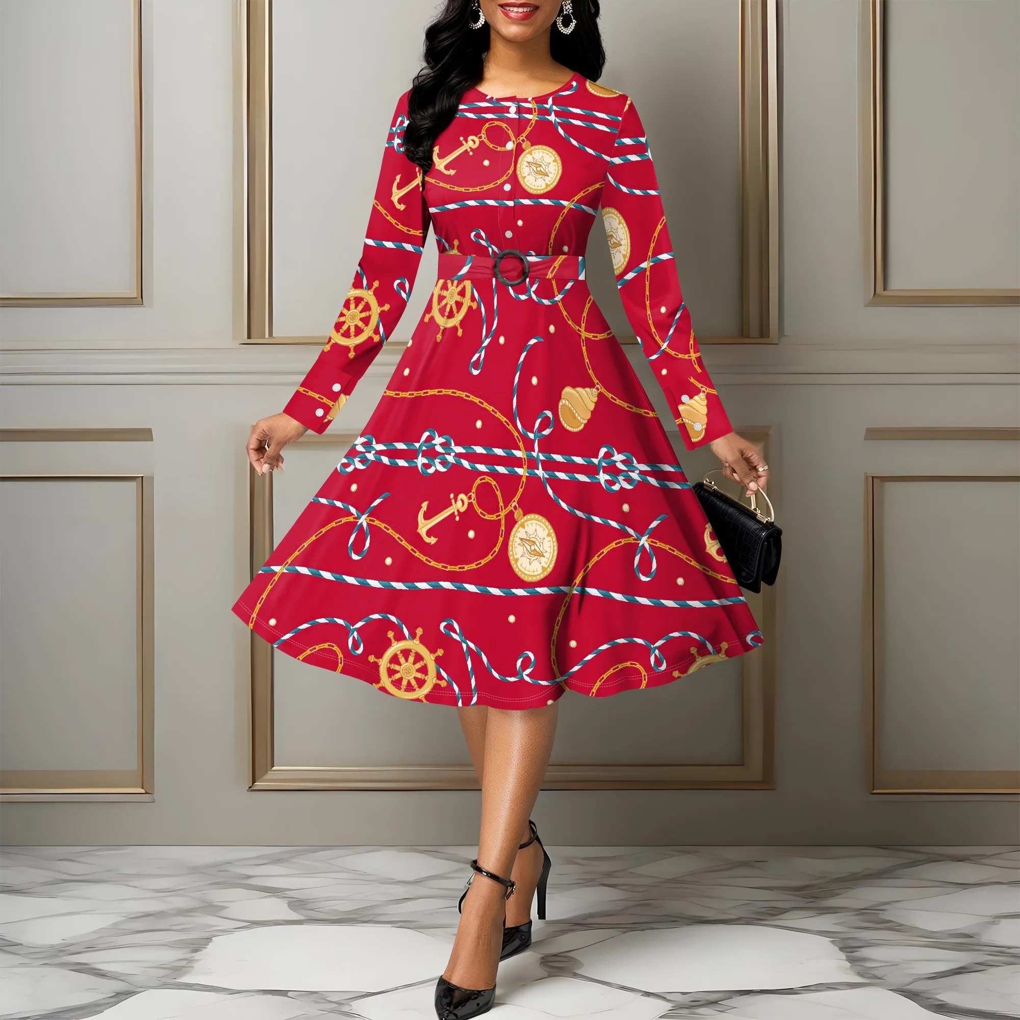 

Women's Summerl Flower Print Fall Fashion Printed Long-sleeved Crew Round Neck Causl Dress Midi dresse With Belt