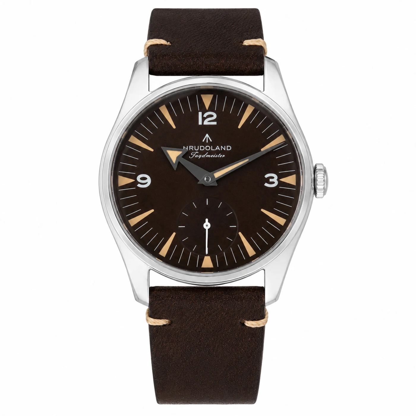 HRUODLAND Men's Vintage Quartz Field Watch Small Seconds Broad Arrow Hands Leather Strap Retro Military Style Wristwatch