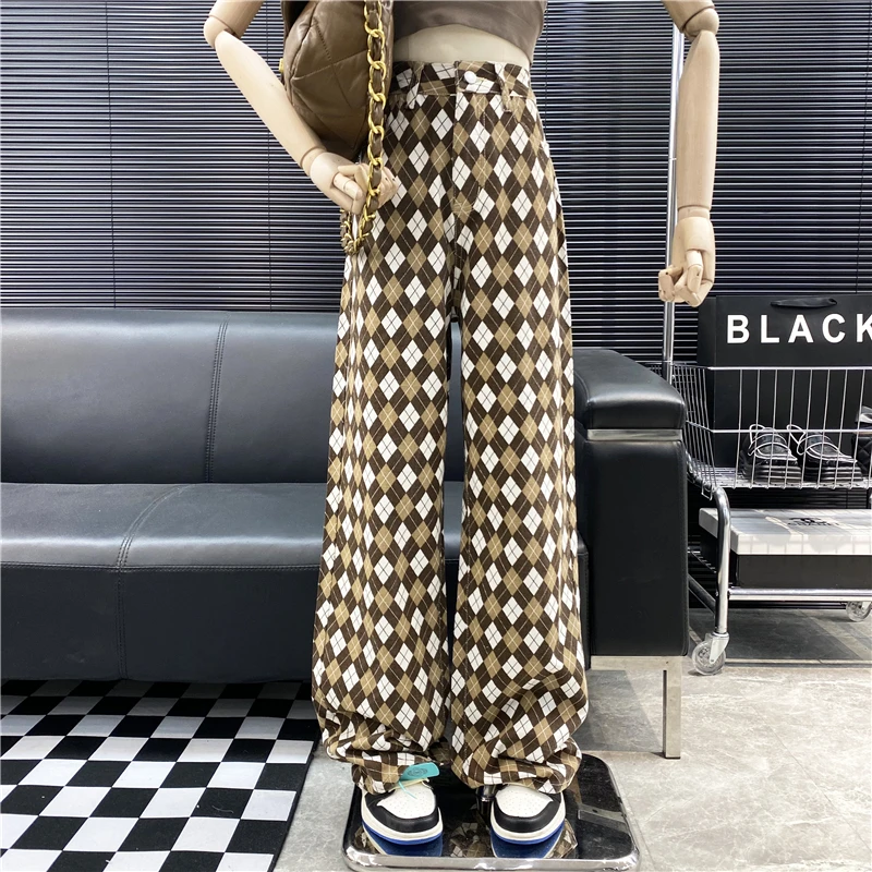 New Brand Original Design2022Contrast Diamond Check High Waist And Wide Leg Jeans Fried Street Fashion Loose Straight Dad Pants