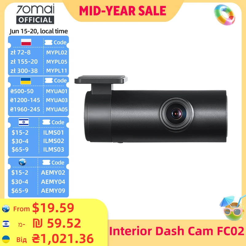 70mai Interior Cam FC02 se encaixa para 70mai A510/A810/A800S/A500S/A400 (não pode ser usado junto com câmera traseira)