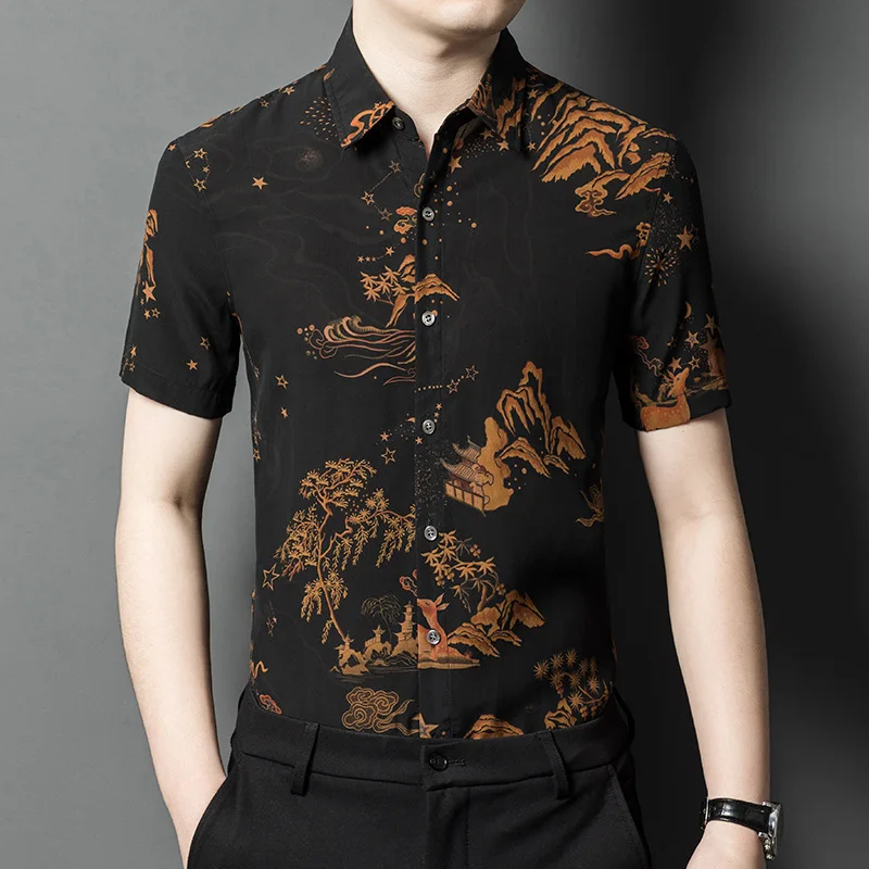 High Quality Real Silk Summer New Xiangyun Yarn Short Sleeve Shirt Youth Business Casual Thin Jacquard