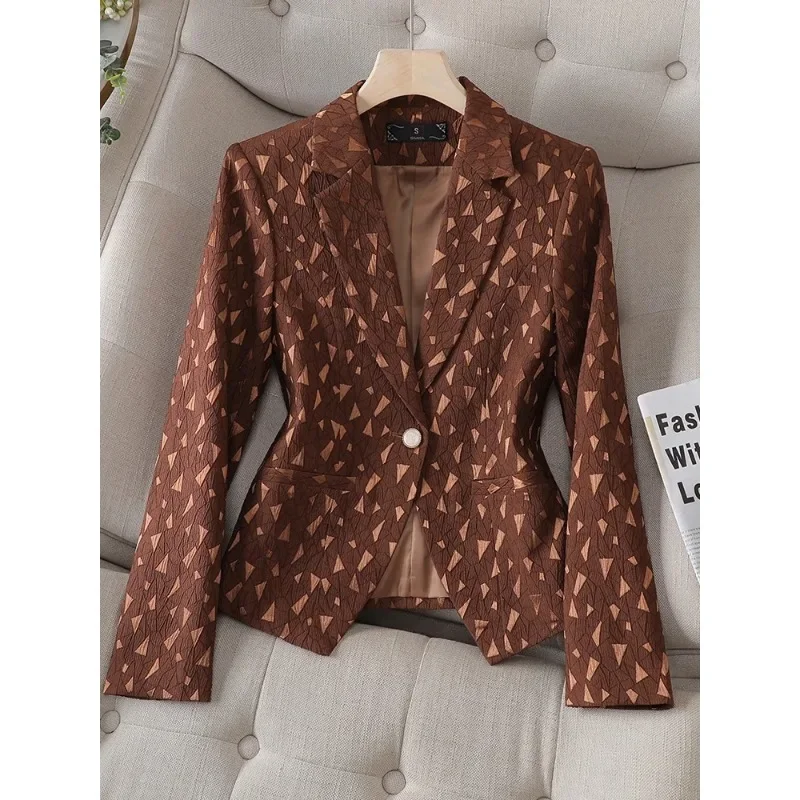 Blazer wanita lengan panjang, jaket kerja Formal ramping kotak-kotak hitam kopi putih untuk perempuan musim semi musim gugur